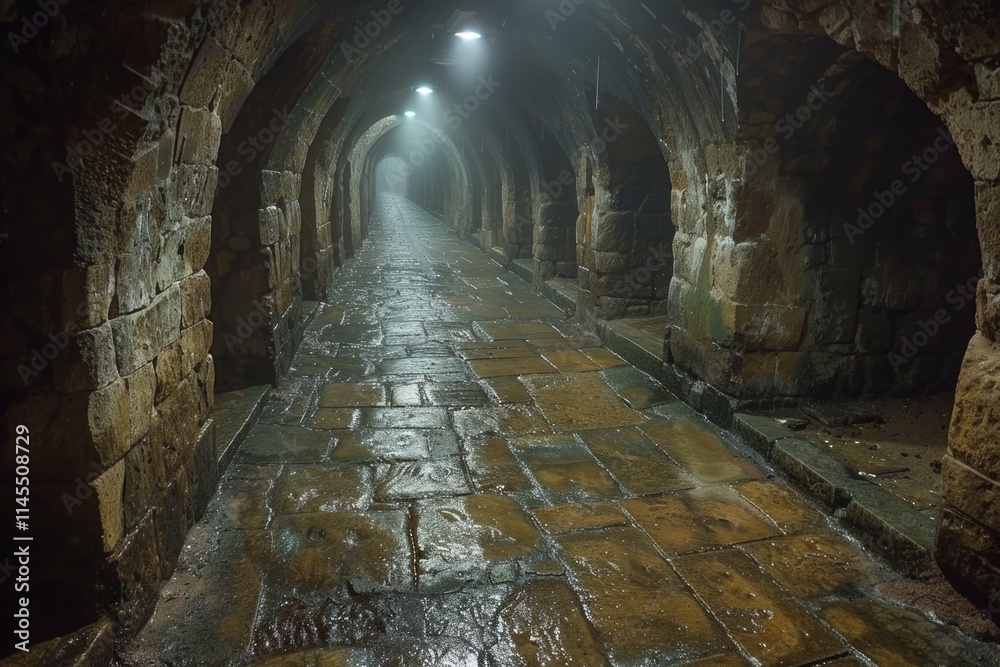 Naklejka premium A cobblestone pathway leads through an ancient stone archway, illuminated by dim lights. AI generative. .