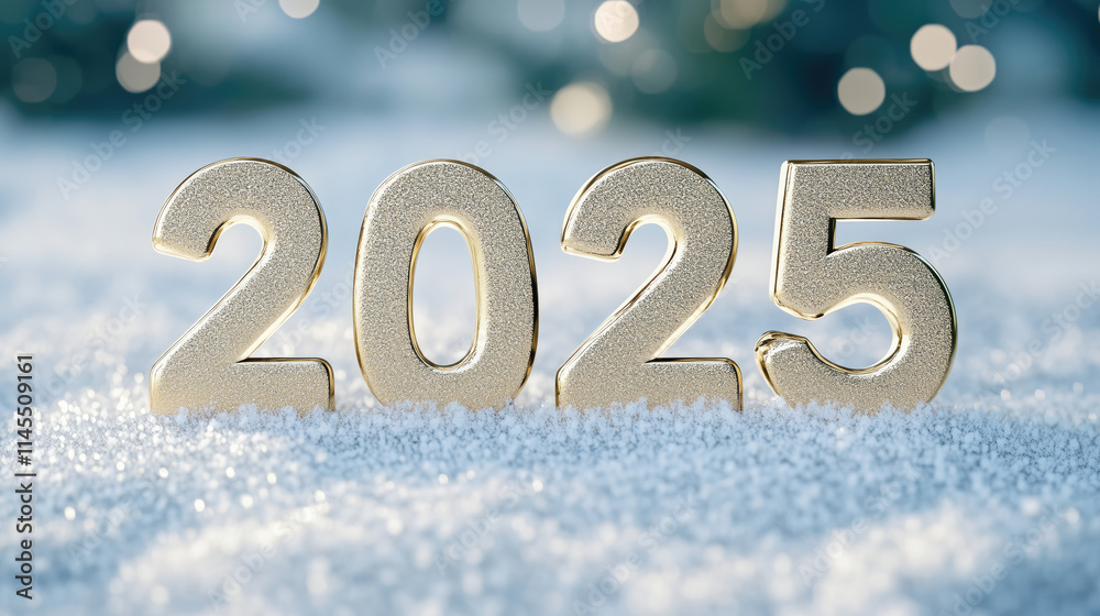 Happy New Year 2025. Golden Numbers 2025 on Snow with Bokeh Background Happy New Year 2025. Golden Numbers 2025 on Snow with Bokeh Background
