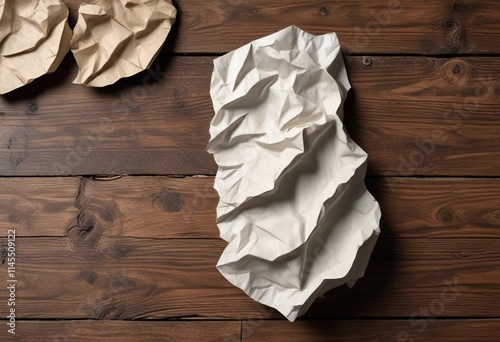 Crumpled paper texture on rustic wooden surface, weathered, background, vintage
