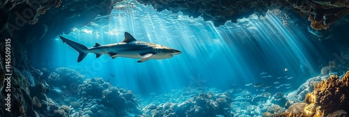 Wallpaper Mural Shark swims under a coral cave in the ocean with sunbeams shining down. AI generative. . Torontodigital.ca
