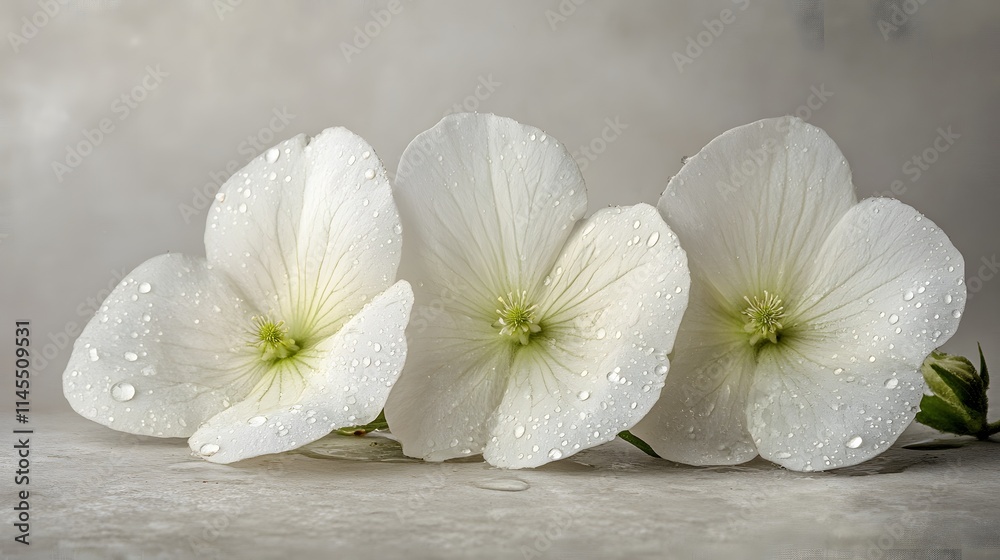 Three Dew Kissed White Flowers Resting Gently Three Dew Kissed White Flowers Resting Gently