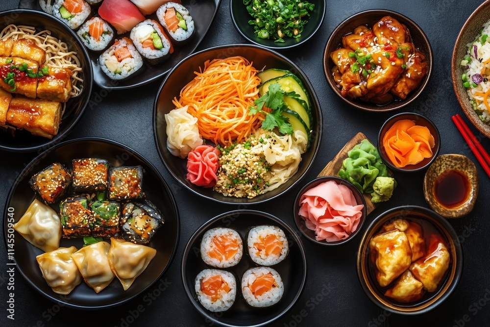 Overhead shot a vibrant array of sushi, dumplings, and noodles on a dark background. Asian cuisine concept Overhead shot a vibrant array of sushi, dumplings, and noodles on a dark background. Asian cuisine concept
