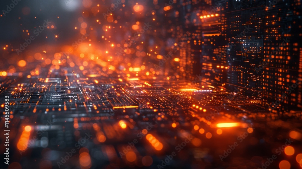 Abstract futuristic city with glowing orange lights and a dark background. AI generative. . Abstract futuristic city with glowing orange lights and a dark background. AI generative. .