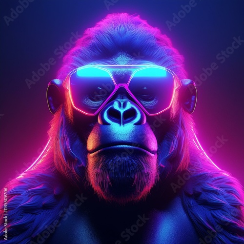 a Gorilla glowing with a pinkish hue, wearing sungkasses