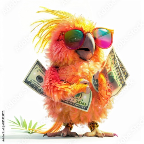 Cute funny parrot in sunglasses celebrates with dollar bills and festive vibes