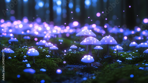 Enchanted Mushroom Grove: Glowing mushrooms illuminate a mystical forest floor, creating a magical and ethereal scene.  Purple and blue hues bathe the scene in an otherworldly glow.  photo