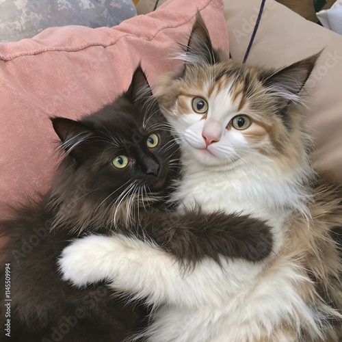 Two cats cuddling with each other on the sofa