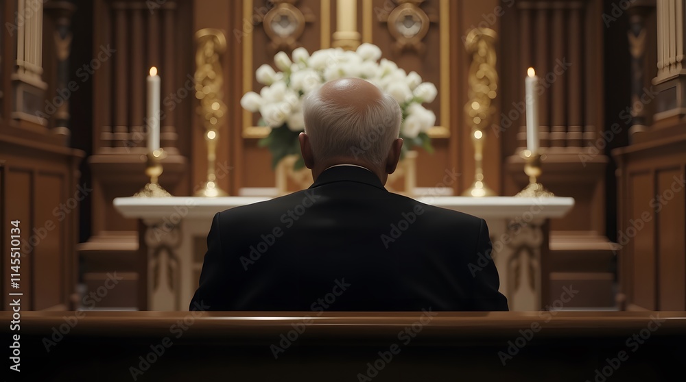 Solitude, reflection, and faith in a sacred space. An elderly man finds solace in prayer within a church's tranquil sanctuary. Solitude, reflection, and faith in a sacred space. An elderly man finds solace in prayer within a church's tranquil sanctuary.