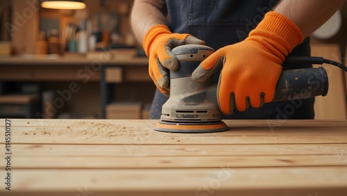 Craftsman's Hands Shaping Wood: A Detail of Precision Sanding, Dust Motes Dancing in Sunbeams,  Wood Grain Revealed. photo