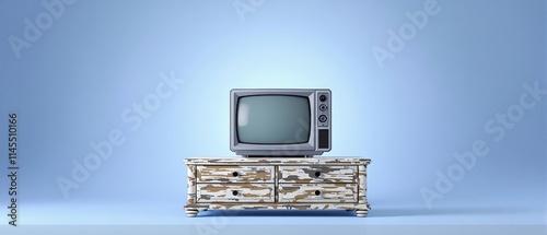 Distressed wooden cabinet behind old CRT TV on light blue background, old tv stand, pastel blue, wooden furniture