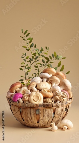 Display of Fresh Organic Mushrooms in a Natural Wooden Basket, kitchen essentials, healthy eating