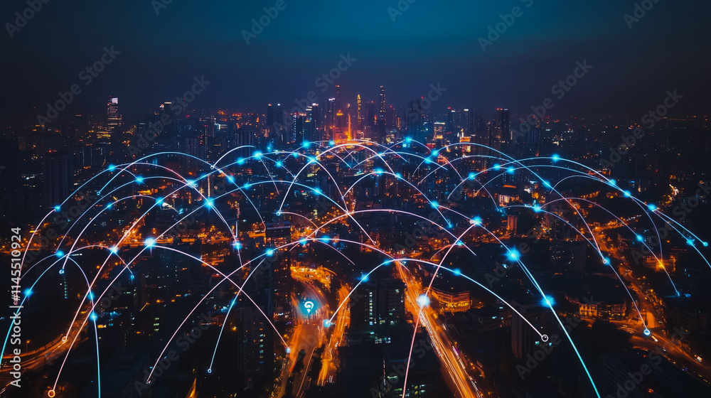 Smart digital Innovation city with connection network reciprocity over the cityscape. of future smart wireless city and social media networking systems that connects business people with in city Smart digital Innovation city with connection network reciprocity over the cityscape. of future smart wireless city and social media networking systems that connects business people with in city