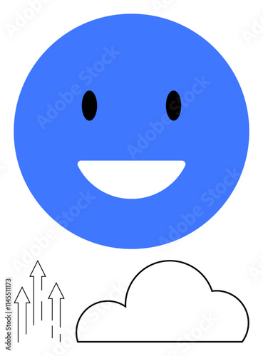 Bright blue happy face with black eyes and white mouth above a stylized cloud and upward arrows. Ideal for positivity, mental health, future growth, digital communications, optimistic forecasts