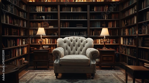 Elegant Armchair in a Classic Book Filled Library