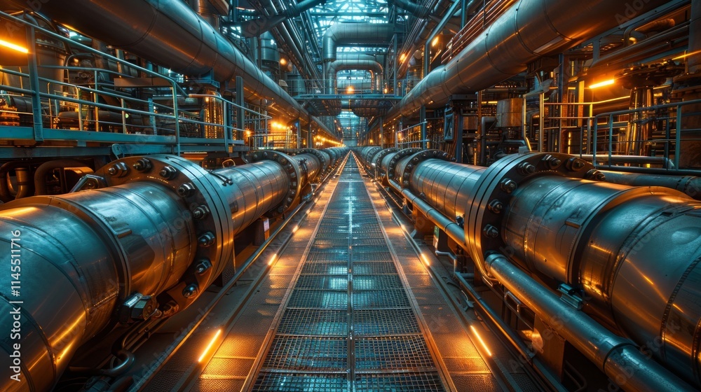 Industrial interior with a narrow walkway between two rows of large pipes. AI generative. . Industrial interior with a narrow walkway between two rows of large pipes. AI generative. .