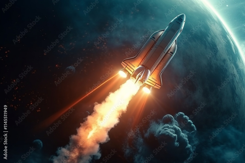 Space shuttle soaring through space, leaving a trail of smoke and light against a backdrop of a blue planet. AI generative. .