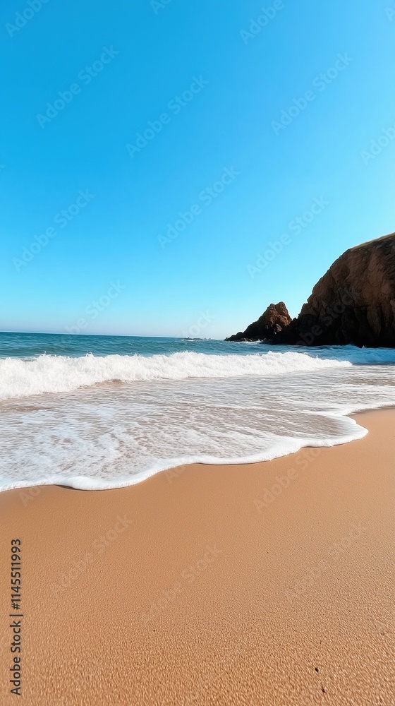 Serene Coastal Scene: Ocean Waves Gently Kissing a Sandy Beach Under a Clear Blue Sky Serene Coastal Scene: Ocean Waves Gently Kissing a Sandy Beach Under a Clear Blue Sky
