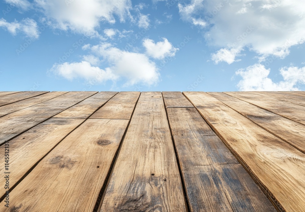 Rustic wooden surface with clear blue sky and fluffy clouds, perfect for backgrounds, textures, and natural-themed designs that evoke tranquility and harmony. Rustic wooden surface with clear blue sky and fluffy clouds, perfect for backgrounds, textures, and natural-themed designs that evoke tranquility and harmony.