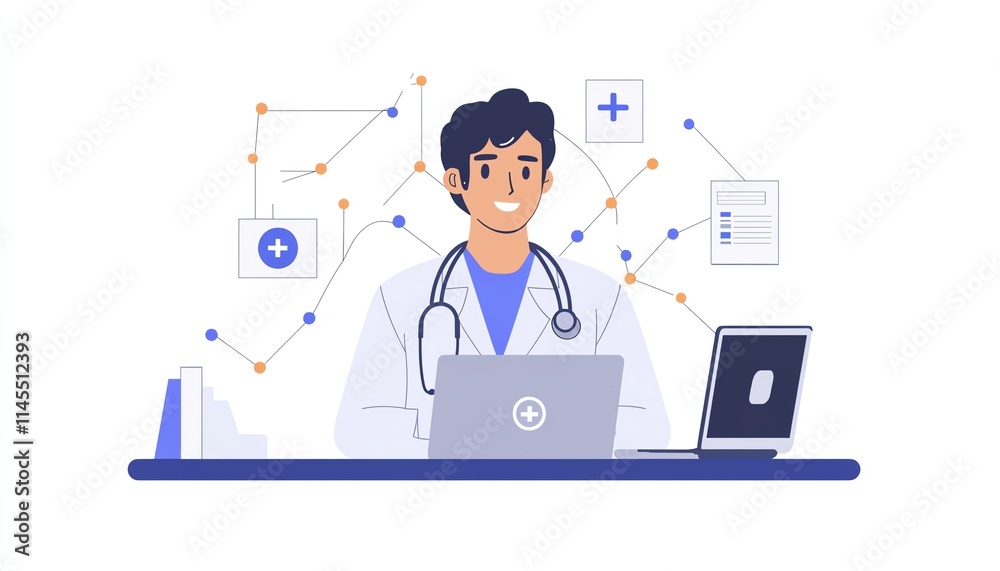Telemedicine doctor with stethoscope, engaged in online health services, surrounded by medical technology and realtime health network connections