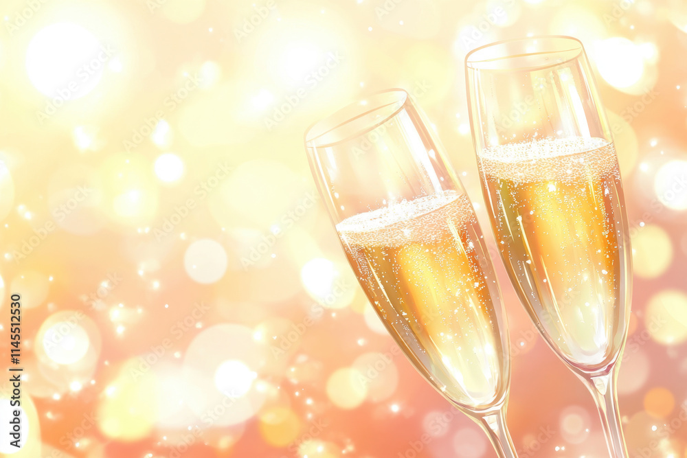 Two champagne glasses clinking together, surrounded by golden sparkles and bokeh lights, creating a festive and celebratory atmosphere Two champagne glasses clinking together, surrounded by golden sparkles and bokeh lights, creating a festive and celebratory atmosphere