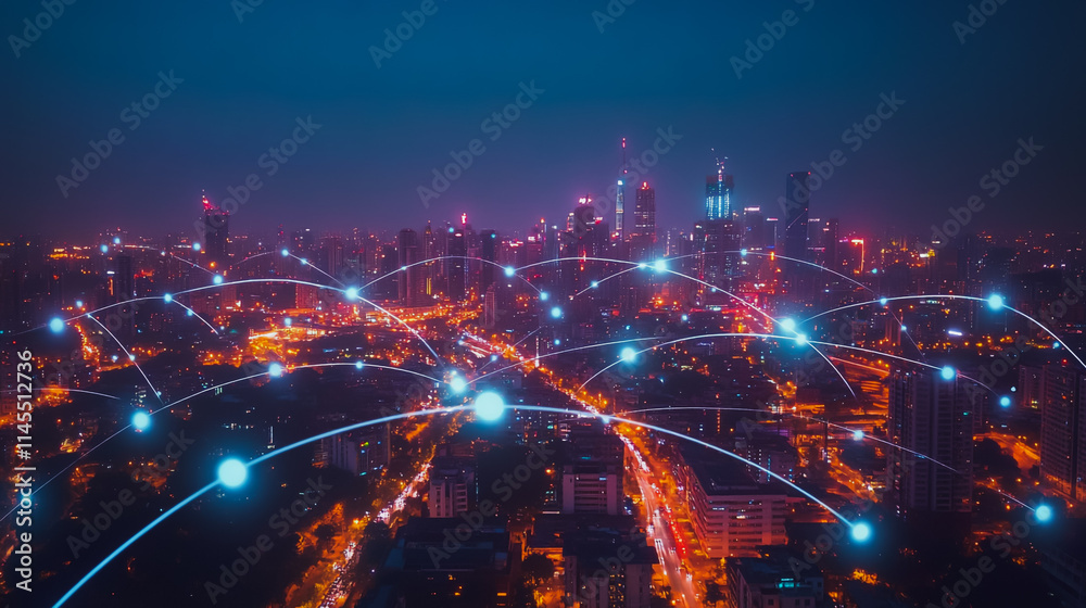 Smart digital Innovation city with connection network reciprocity over the cityscape. of future smart wireless city and social media networking systems that connects business people with in city Smart digital Innovation city with connection network reciprocity over the cityscape. of future smart wireless city and social media networking systems that connects business people with in city