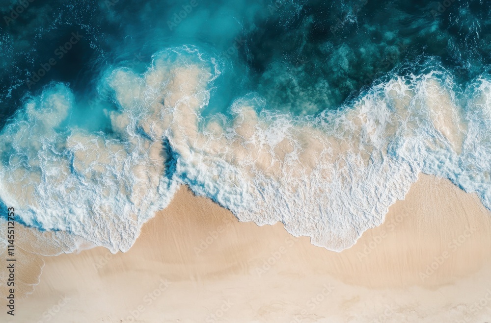 Obraz premium Serene Aerial View of Turquoise Ocean Waves Gently Crashing on Golden Sandy Beach Captured in Bright Natural Light During a Clear Day