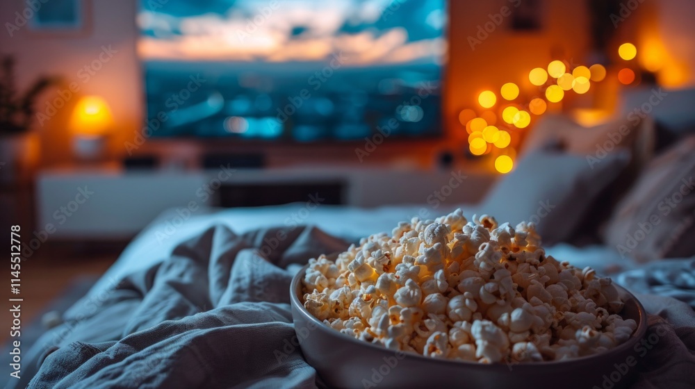 Close-up of a bowl of popcorn on a bed with a TV in the background. AI generative. . Close-up of a bowl of popcorn on a bed with a TV in the background. AI generative. .