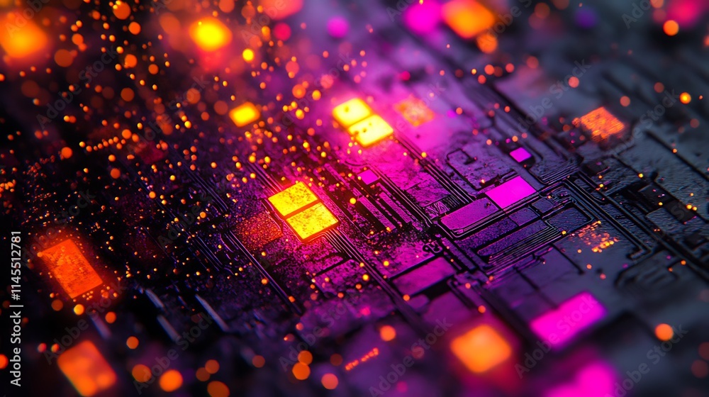 Obraz premium Abstract Circuit Board Glowing With Vibrant Orange And Pink Lights