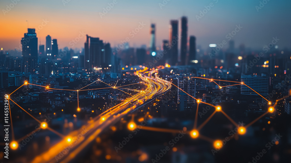 Fototapeta premium Smart digital Innovation city with connection network reciprocity over the cityscape. of future smart wireless city and social media networking systems that connects business people with in city