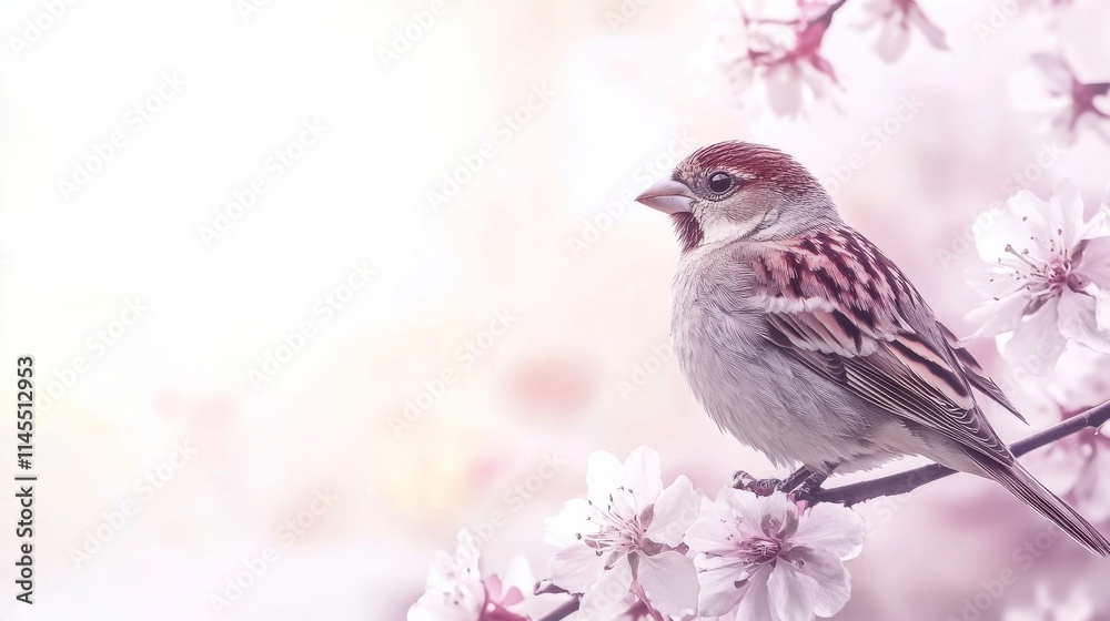 Charming Bird Perched on a Floral Branch Surrounded by Soft Pink Cherry Blossom Blooms with Gentle Blurred Background in a Serene and Peaceful Atmosphere Charming Bird Perched on a Floral Branch Surrounded by Soft Pink Cherry Blossom Blooms with Gentle Blurred Background in a Serene and Peaceful Atmosphere