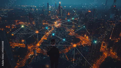 Smart digital Innovation city with connection network reciprocity over the cityscape. of future smart wireless city and social media networking systems that connects business people with in city