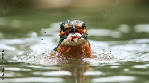 Female Kingfisher emerging from a dive into water with a fish in her beak. photo