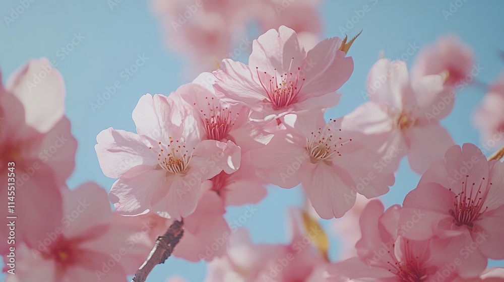 Delicate Pink Cherry Blossoms in Full Bloom Against Blue Sky Delicate Pink Cherry Blossoms in Full Bloom Against Blue Sky