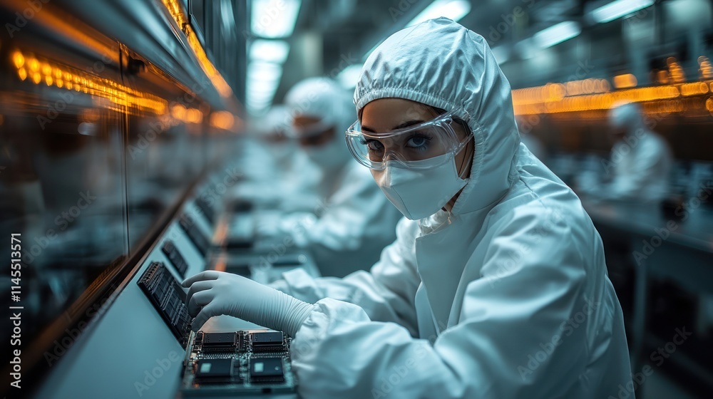 Scientists in protective gear working in a lab. Scientists in protective gear working in a lab.