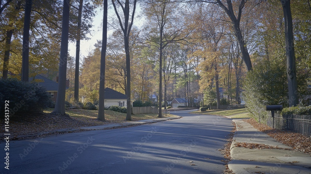 Obraz premium Serene Autumn Neighborhood Scene with Colorful Trees and Scenic Curving Road in a Peaceful Residential Area during Golden Hour Light