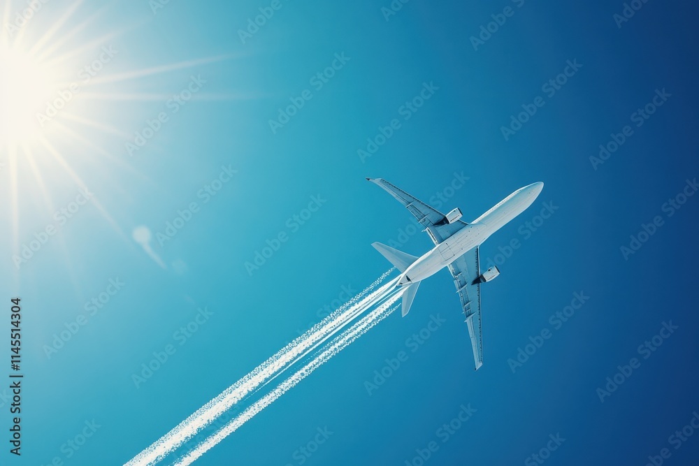 Fototapeta premium Airplane flying high in a clear blue sky, leaving a contrail. Perfect for travel, transportation, or freedom concepts.