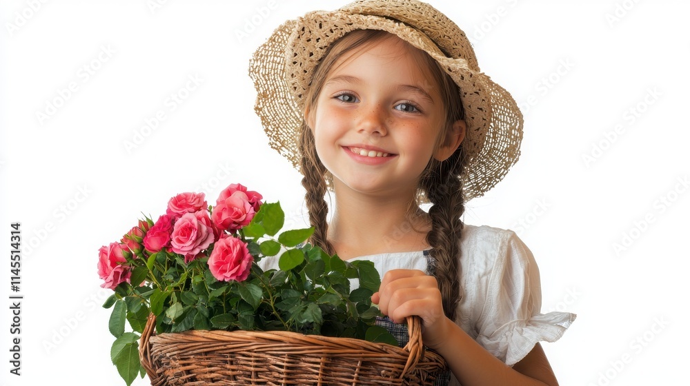 Fototapeta premium Young Girl in Straw Hat Holding Pink Roses in a Flower Basket