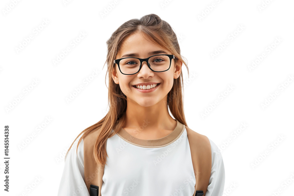 Portrait of a smiling young female student wearing glasses with backpack, isolated transparent background Portrait of a smiling young female student wearing glasses with backpack, isolated transparent background