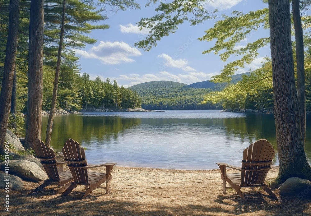 Obraz premium Serene Lake View with Adirondack Chairs Amidst Lush Greenery and Peaceful Reflections in Nature, Perfect for Relaxation, Meditation, or Outdoor Escapes