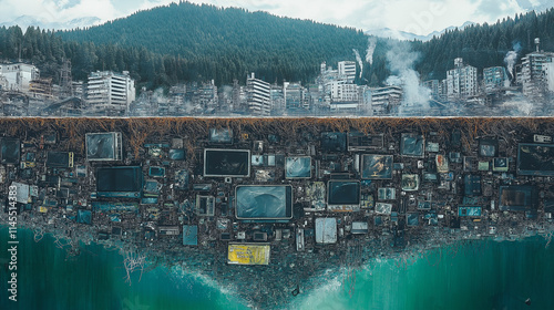 E-Waste Dystopia. A layered depiction of discarded electronics and their toxic impact on land and water, with contrasting clean land above. E-waste, pollution, layers, ecology photo