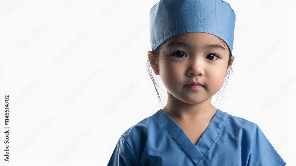 Young Child in Medical Scrubs with Cap in Studio Setting Young Child in Medical Scrubs with Cap in Studio Setting