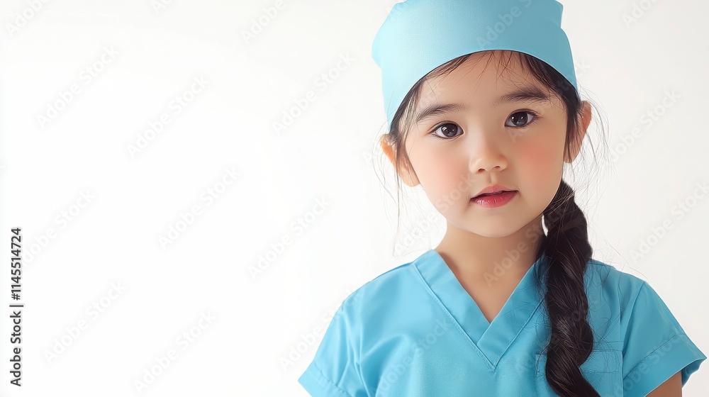 Young Child in Medical Scrubs with Surgical Cap and Serious Expression Young Child in Medical Scrubs with Surgical Cap and Serious Expression