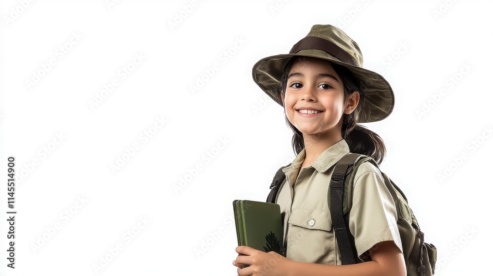 Happy Child Explorer with Hat and Backpack Holding Notebook Happy Child Explorer with Hat and Backpack Holding Notebook