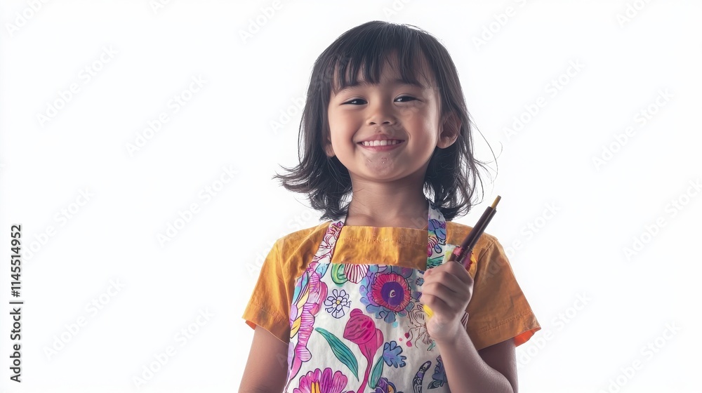 Smiling Child in Colorful Apron Holding a Pen Against White Background Smiling Child in Colorful Apron Holding a Pen Against White Background