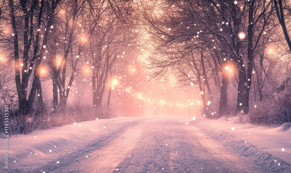 Serene Snowy Roadway Framed by Frosty Trees and Glowing Lights in a Calm Winter Landscape with Gentle Snowfall and Dreamy Atmosphere Serene Snowy Roadway Framed by Frosty Trees and Glowing Lights in a Calm Winter Landscape with Gentle Snowfall and Dreamy Atmosphere