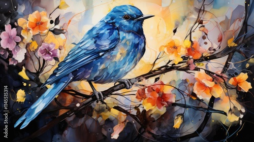 Vibrant blue bird perched on branch amidst colorful flowers and abstract background.