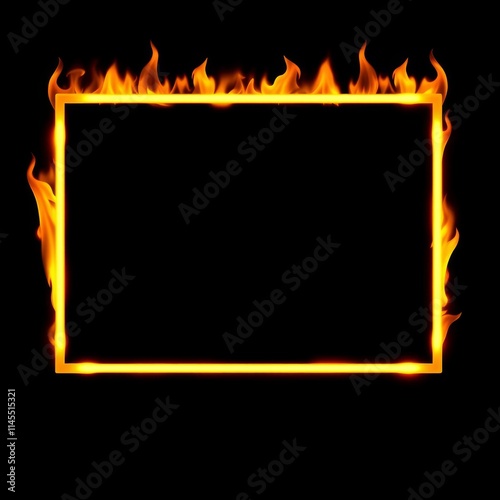 fiery frame, burning rectangle, orange flames, black background, digital art, dramatic lighting, heat effect, glowing embers, intense colors, empty center, flame border, scorching edges, fire imagery, photo