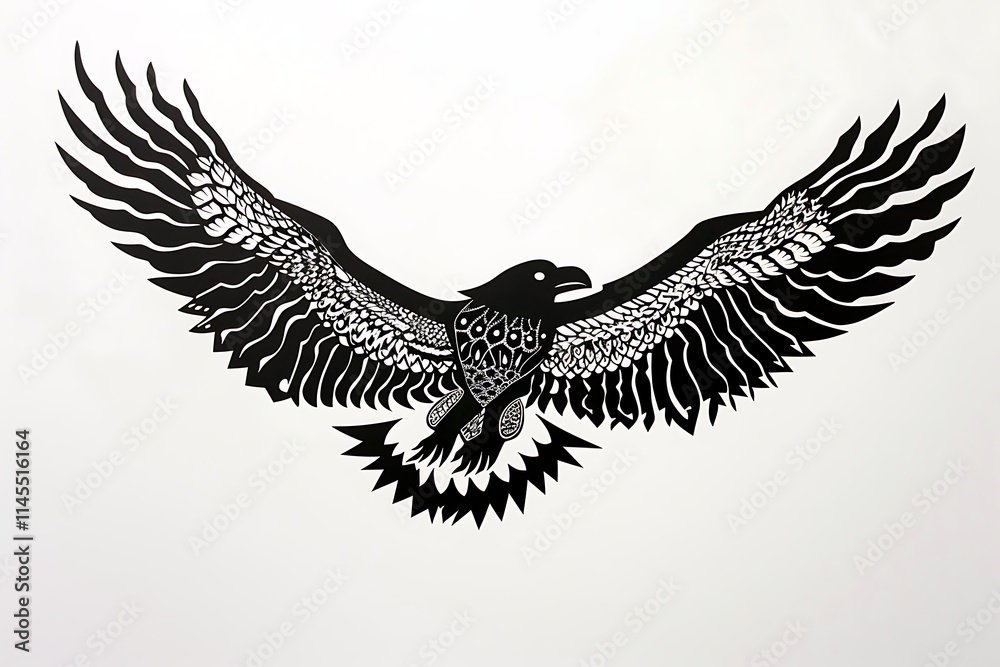 Fototapeta premium Intricate Black Eagle Soaring, Wings Spread Wide, Detailed Design