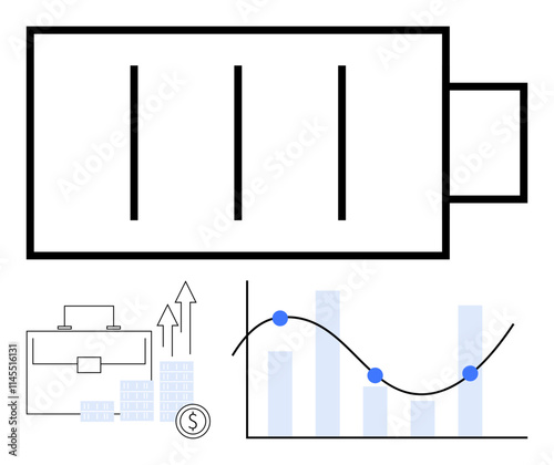 Large battery icon with charging bars. Business briefcase, ascending arrows, coin and bar chart with trendline and data points in blue. Ideal for business analysis, productivity, energy efficiency