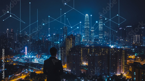 Wallpaper Mural Smart digital Innovation city with connection network reciprocity over the cityscape. of future smart wireless city and social media networking systems that connects business people with in city Torontodigital.ca